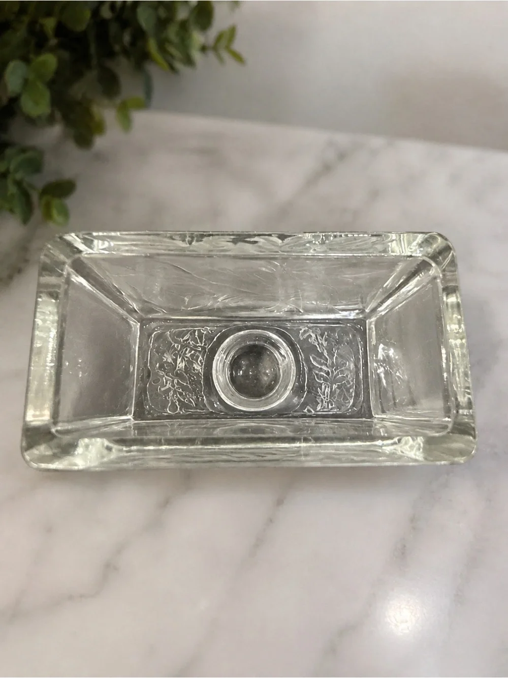 Vintage Etched Glass Footed Vase Compote Floral Rose Square Bowl 4”
